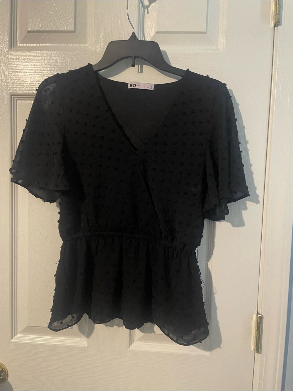 SO Black Textured Dot Peplum Wrap Top
